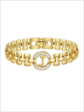 14K Gold Plated Initial Bracelet with Diamonds Thick Chain Bangle
